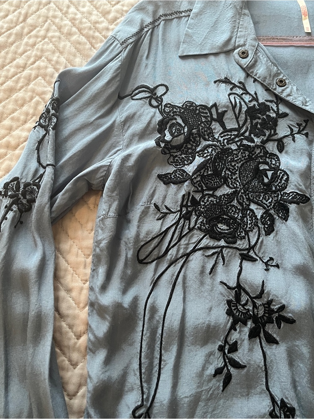 Free People Light Blue Snap Shirt with Black Floral Embroidery - Picture 4 of 10